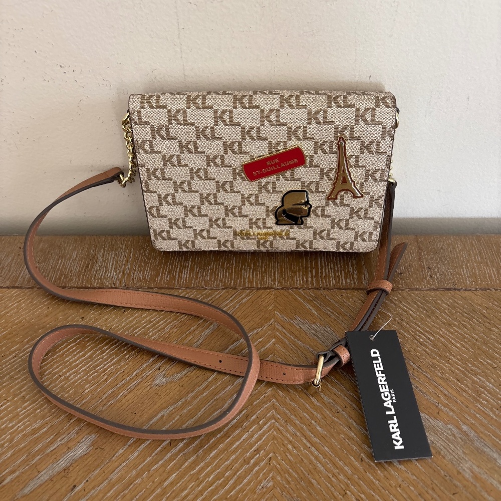 Karl Lagerfeld Monogram Crossbody Bag in Beige and Tan